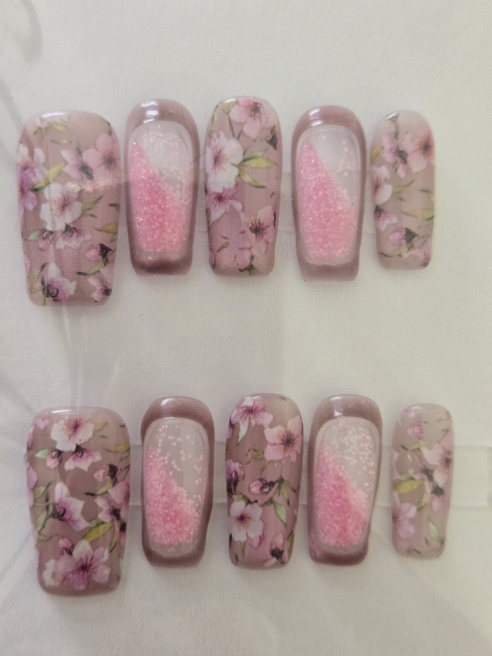 Pink Floral Press-On Water Nails with Glitter Accent